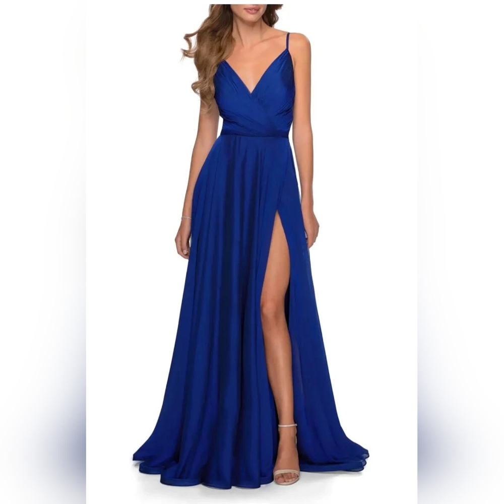 La Femme Marine Blue V-Neck High Leg Slit Chiffon Ballgown Size 12